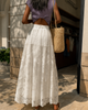 White lace maxi skirt look with lace skirt embroidery, pleated mesh and summer swing.