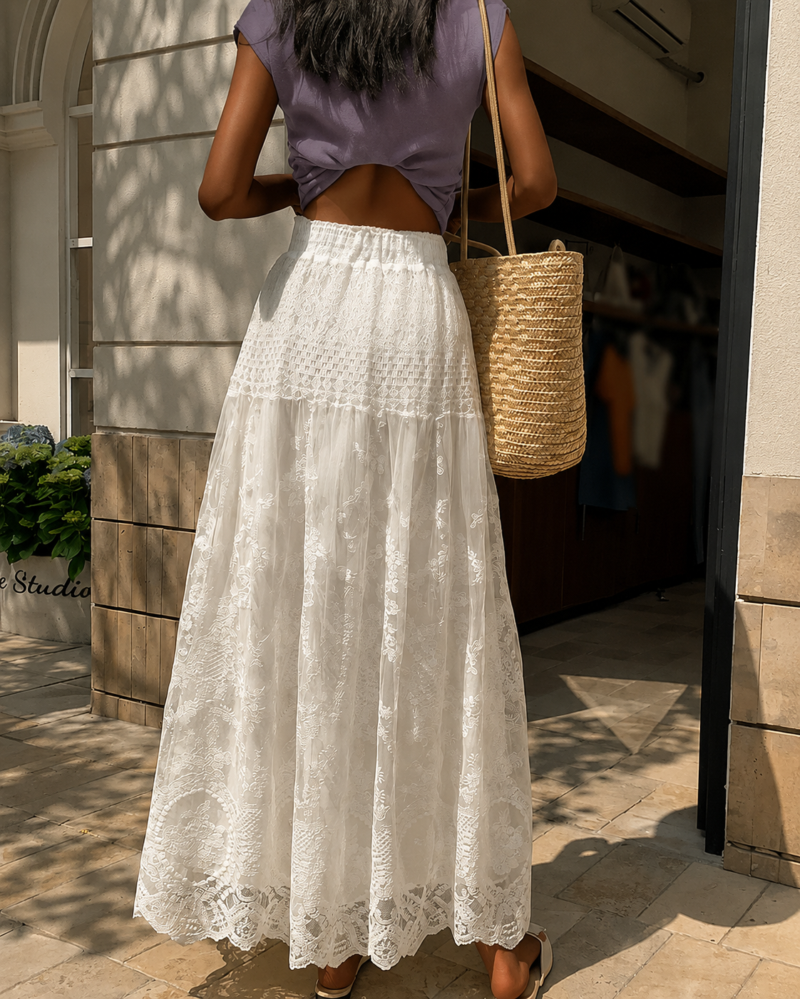 White lace maxi skirt look with lace skirt embroidery, pleated mesh and summer swing.