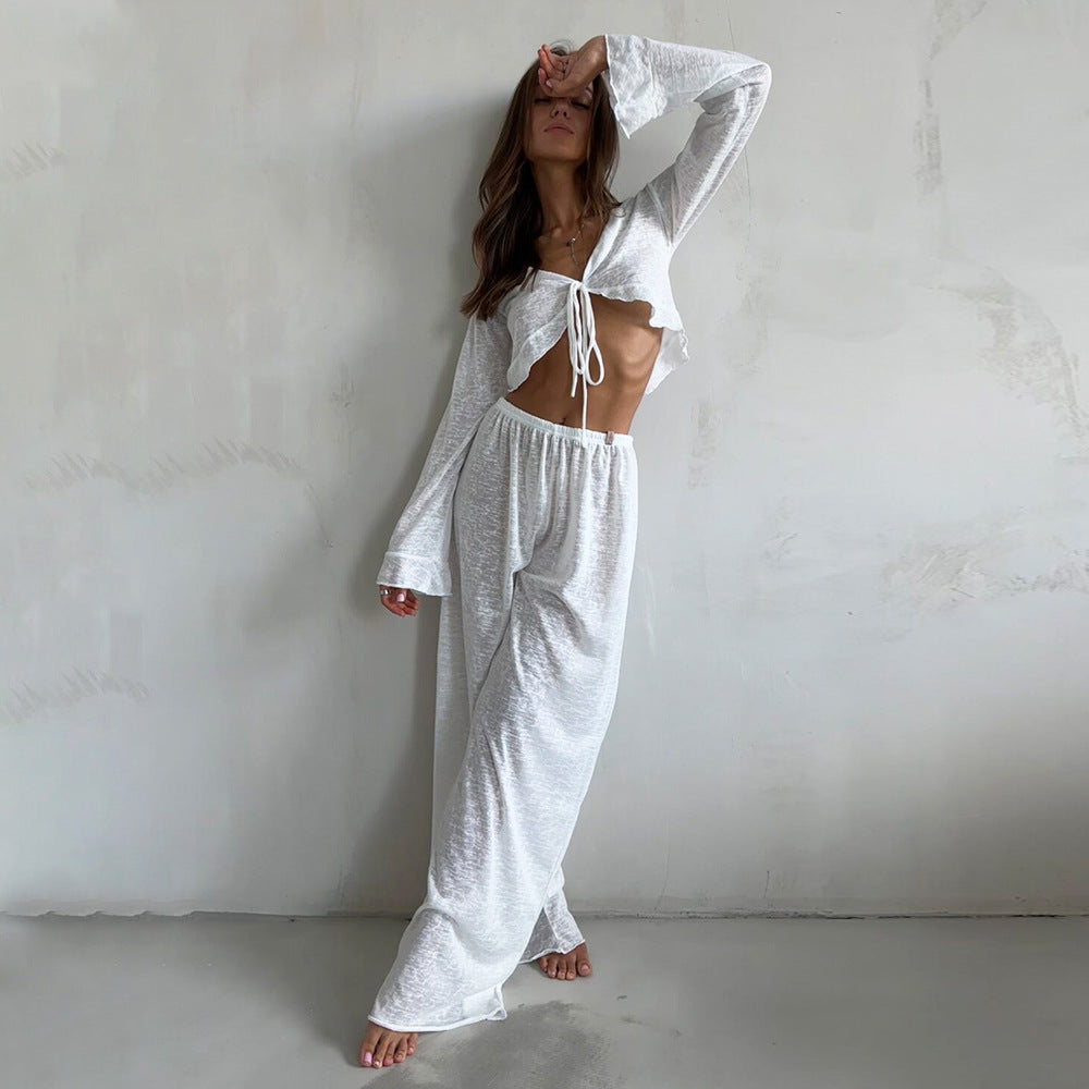 White black beach lounge set wide leg pants
