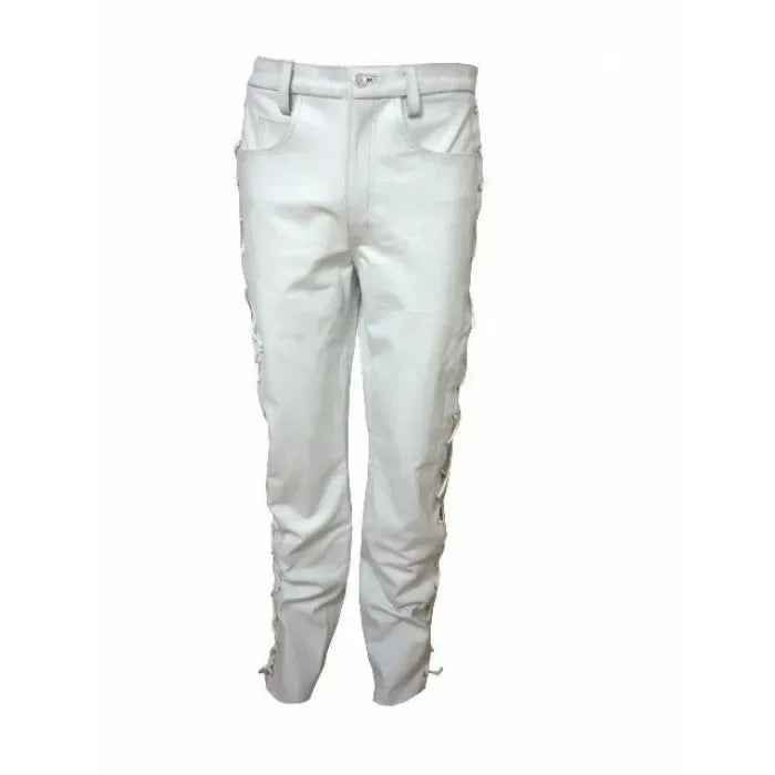 White leather biker pant men's lace-up moto trousers