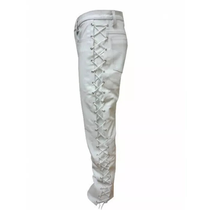 White leather biker pant men's lace-up moto trousers
