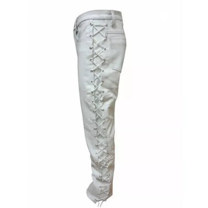 White leather biker pant men's lace-up moto trousers