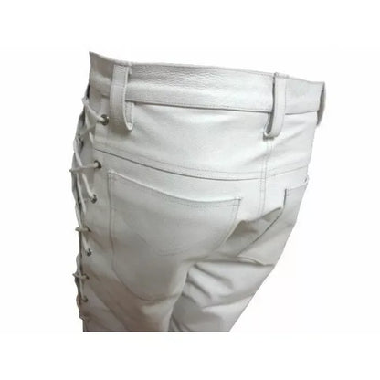 White leather biker pant men's lace-up moto trousers