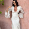 White print chiffon maxi dress with ruffle sleeves