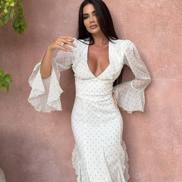 White print chiffon maxi dress with ruffle sleeves