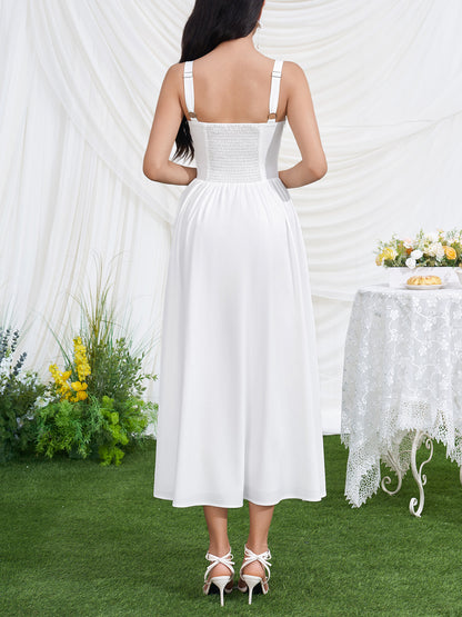 White corset midi dress with slit and smocked back