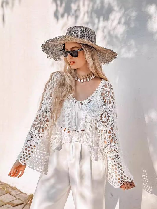 Beach Crochet Lace Cardigan Cover Up Top Long Sleeve
