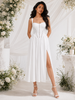 White corset midi dress with slit and smocked back