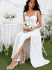 White corset midi dress with slit and smocked back