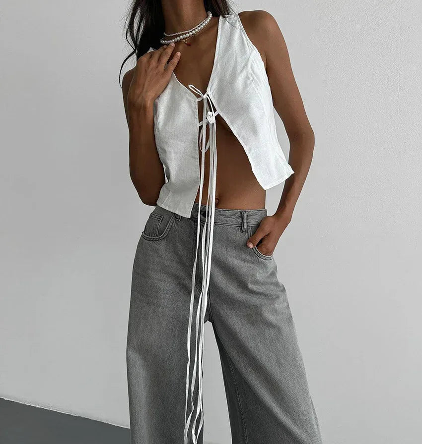 White Knotted V-Neck Crop Tank Top for Women Summer