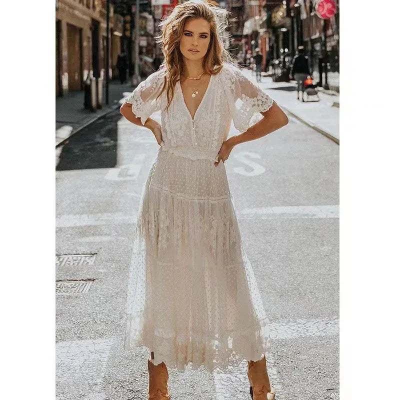 White Lace Maxi Dress with V Neck and Sheer Sleeves White S