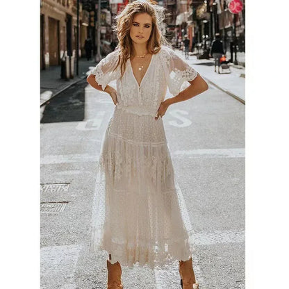 White Lace Maxi Dress with V Neck and Sheer Sleeves White S