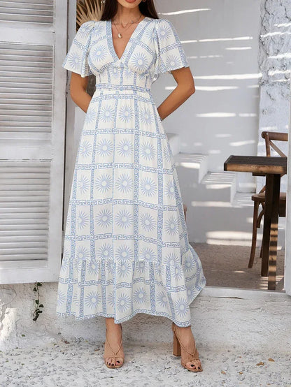 Blue and White Maxi Dress Floral Boho V Neck Style