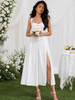 White corset midi dress with slit and smocked back