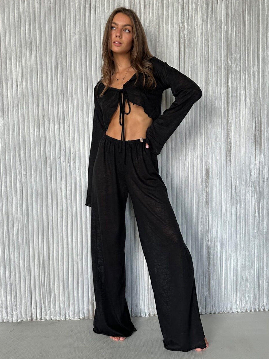 White black beach lounge set wide leg pants