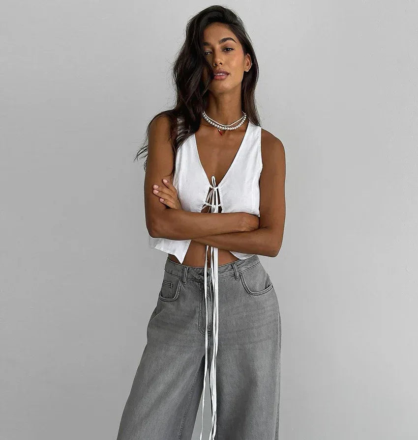 White Knotted V-Neck Crop Tank Top for Women Summer