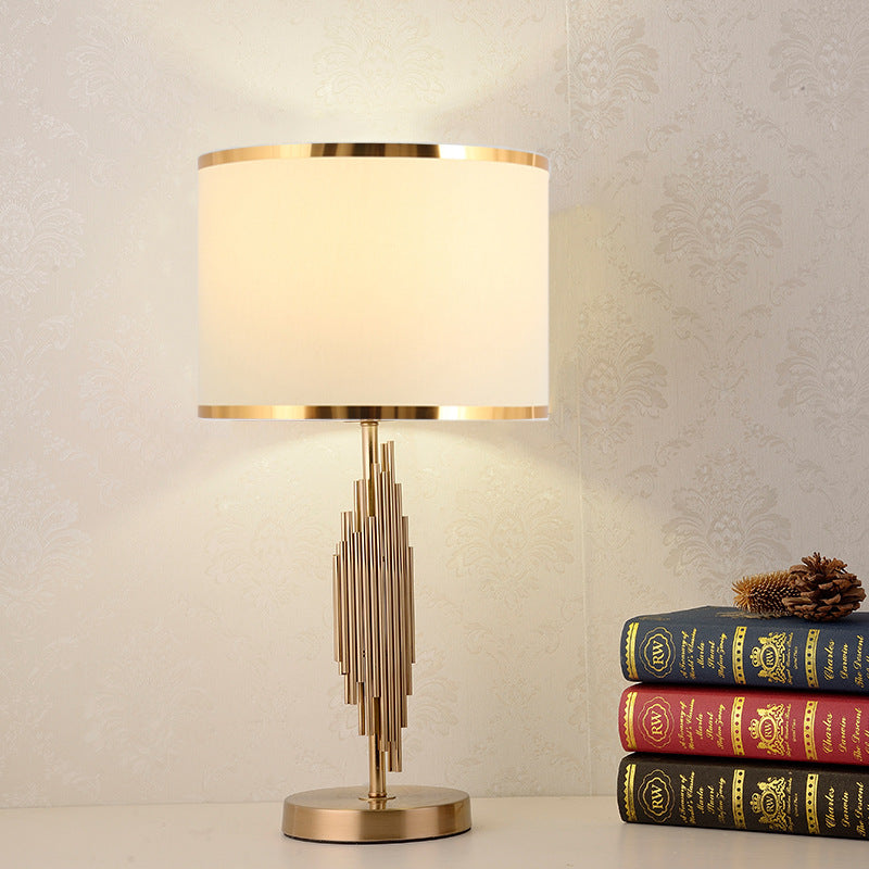 Modern scandinavian brass table lamp with fabric shade White with double gold trim [Height 55cm] Push Button 110V-120V For US CA