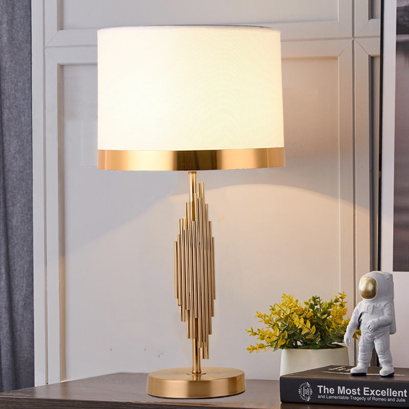 Modern scandinavian brass table lamp with fabric shade White with gold trim [Height 55cm] Push Button 110V-120V For US CA