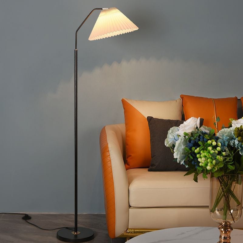 Minimalist pleated fabric arc floor lamp White lampshade + black pole 110V-120V For US CA