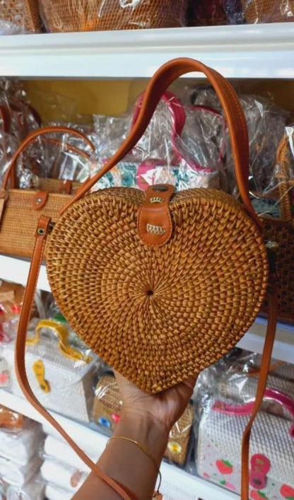 Handmade Heart Rattan Bag with Leather Crossbody Strap Brown