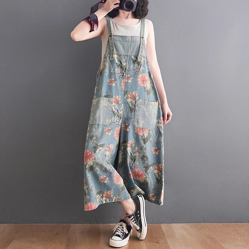Floral denim overalls for women wide leg suspender pants