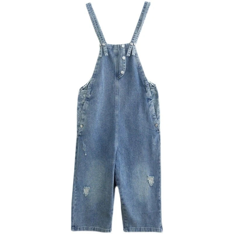 Distressed denim overalls women loose fit adjustable