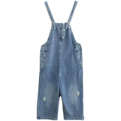 Distressed denim overalls women loose fit adjustable