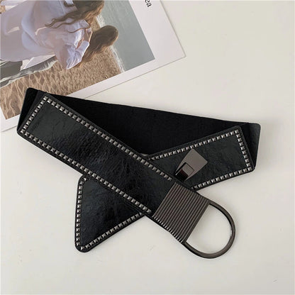 Wide faux leather belt with metal buckle for women
