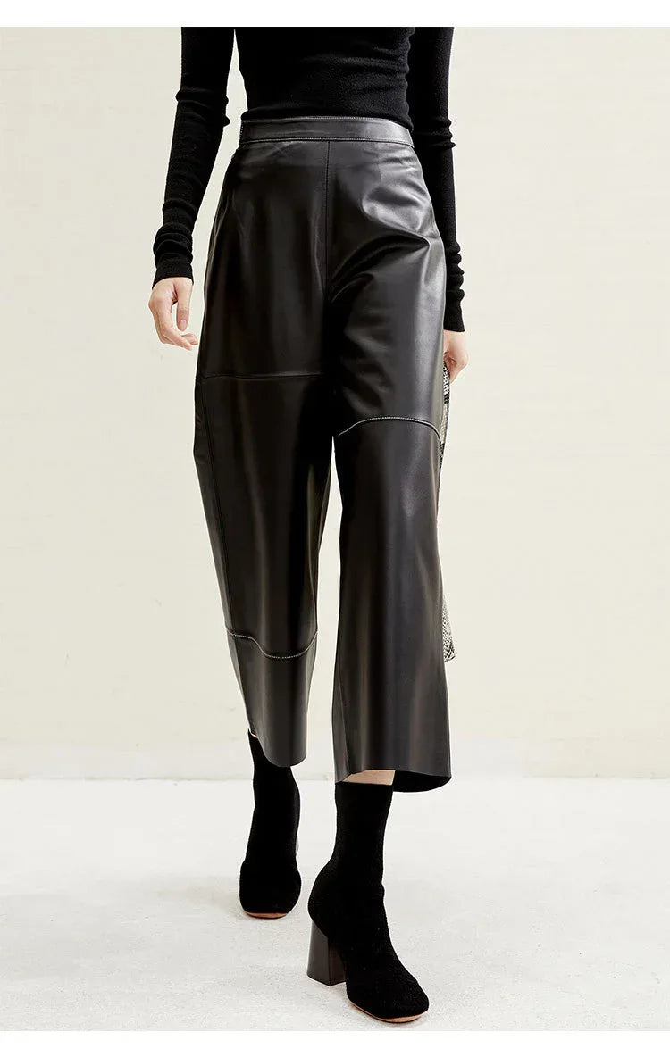 Women’s Cropped Lambskin Leather Wide Leg Pants