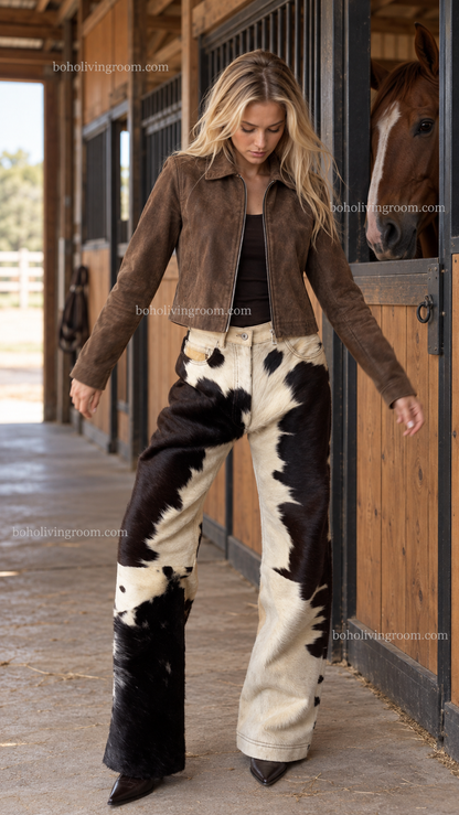 Women Cowhide Pants Tricolor Real Hair On Hide Leather