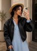  Genuine black leather cropped jacket designed for women with modern commuter style