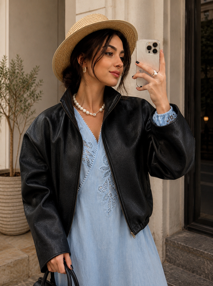 Genuine black leather cropped jacket designed for women with modern commuter style