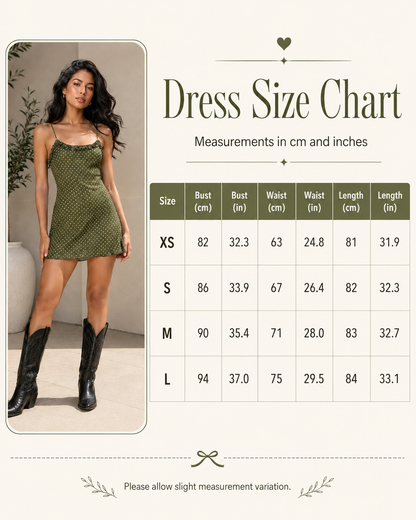 Women green polka dot sundress with slim slip shape and mini hem.
