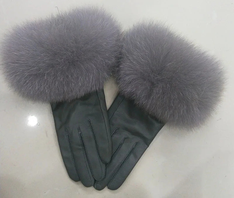 Women leather gloves with fur cuff 6