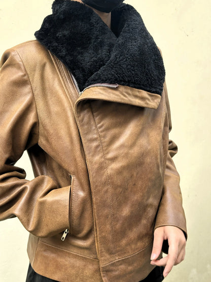 Wide Collar Real Sheep Fur Leather Jacket