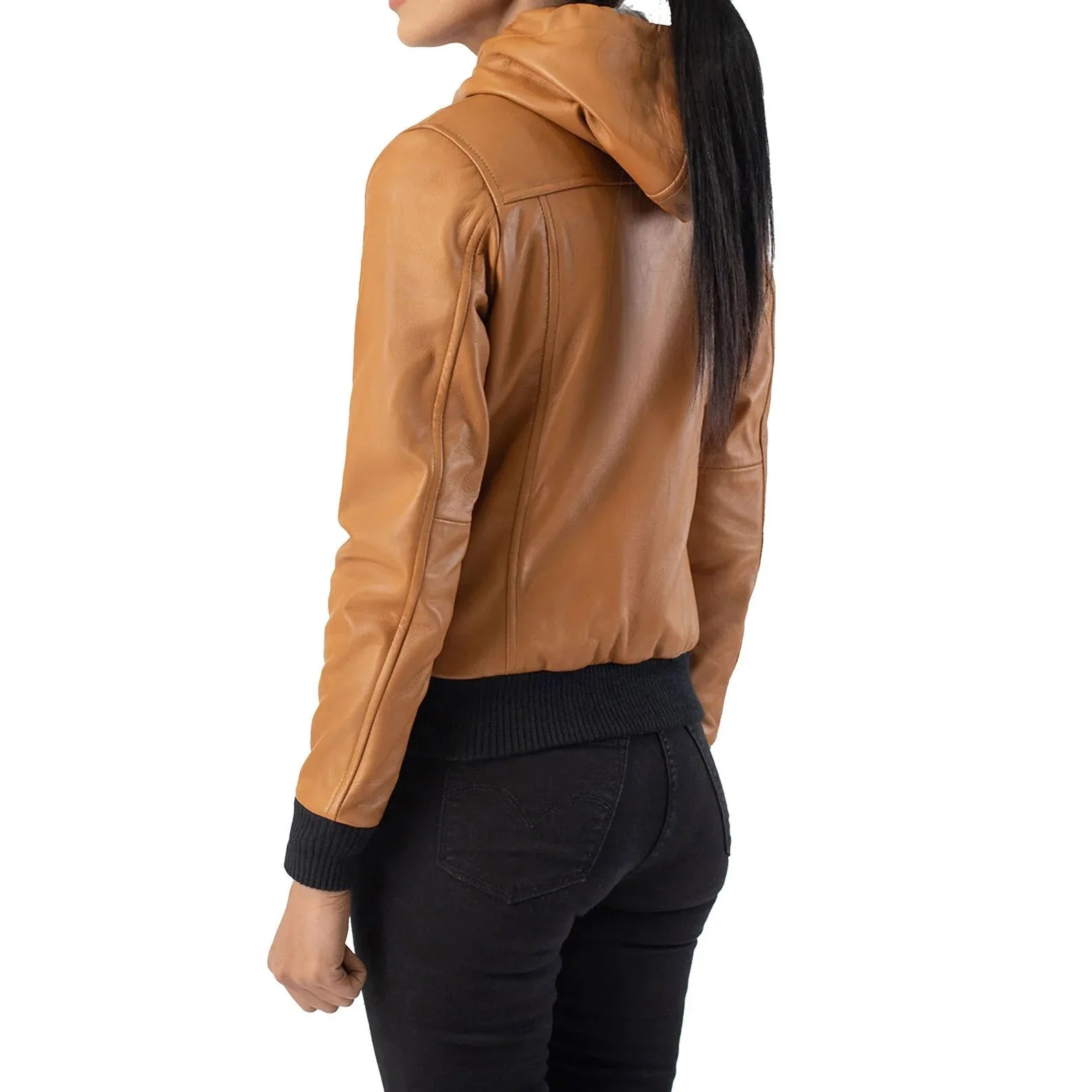 Tan Leather Hooded Jacket for Women Bomber Style