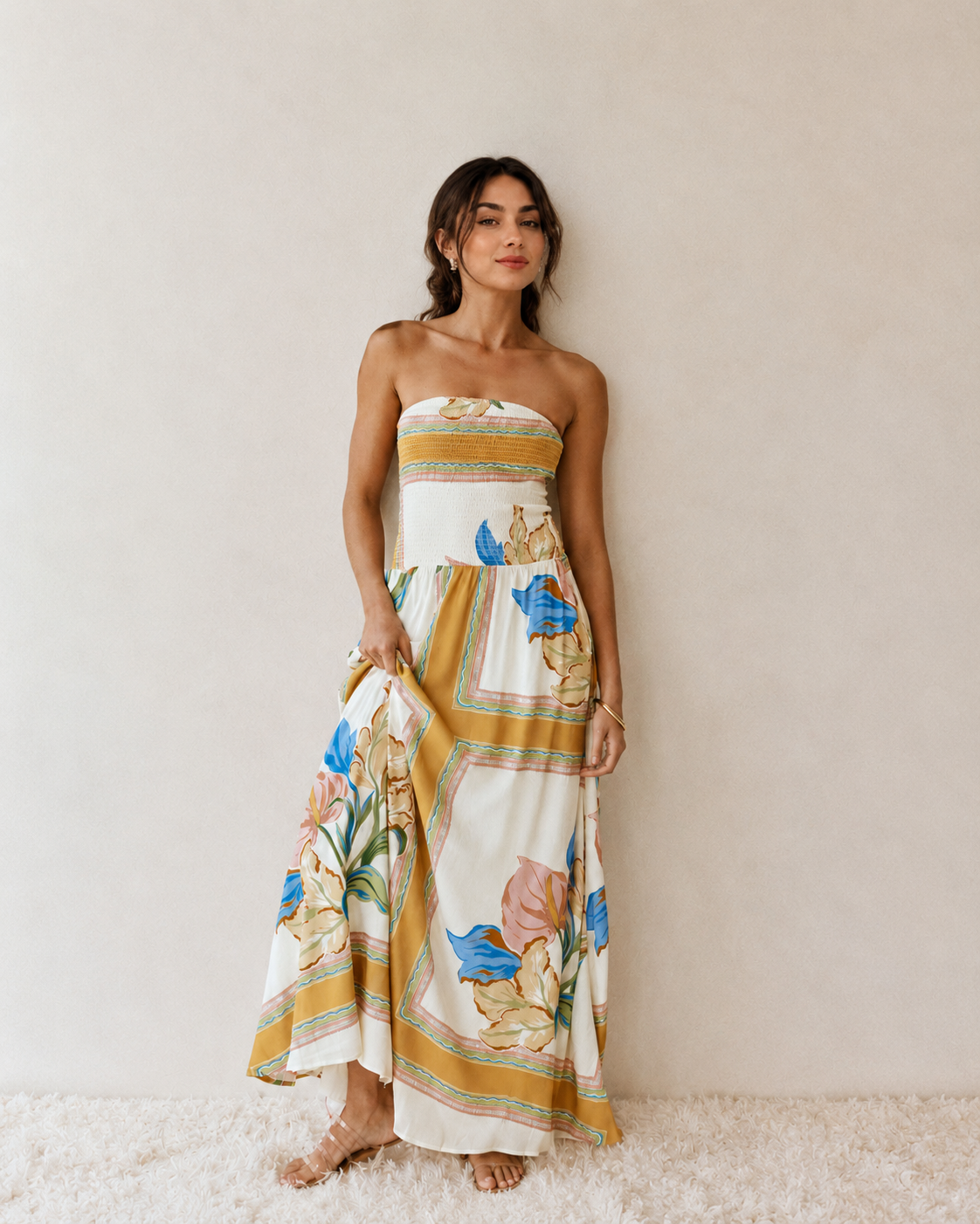 Women Long Dress Strapless Floral Holiday Print