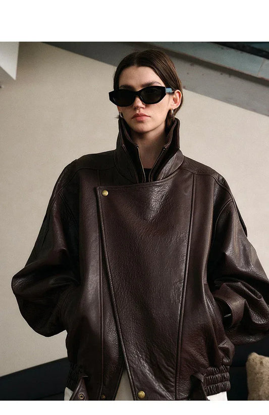 Oversized Leather Bomber Jacket for Women with Moto Zip and Belt Brown S