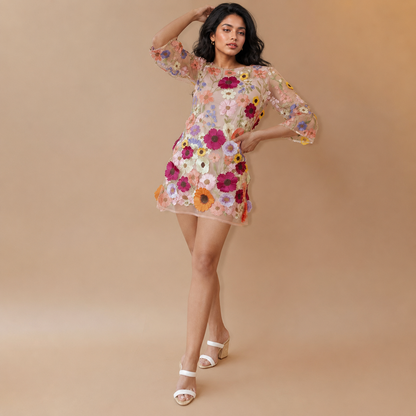 Women's mini sundresses with sheer floral embroidery