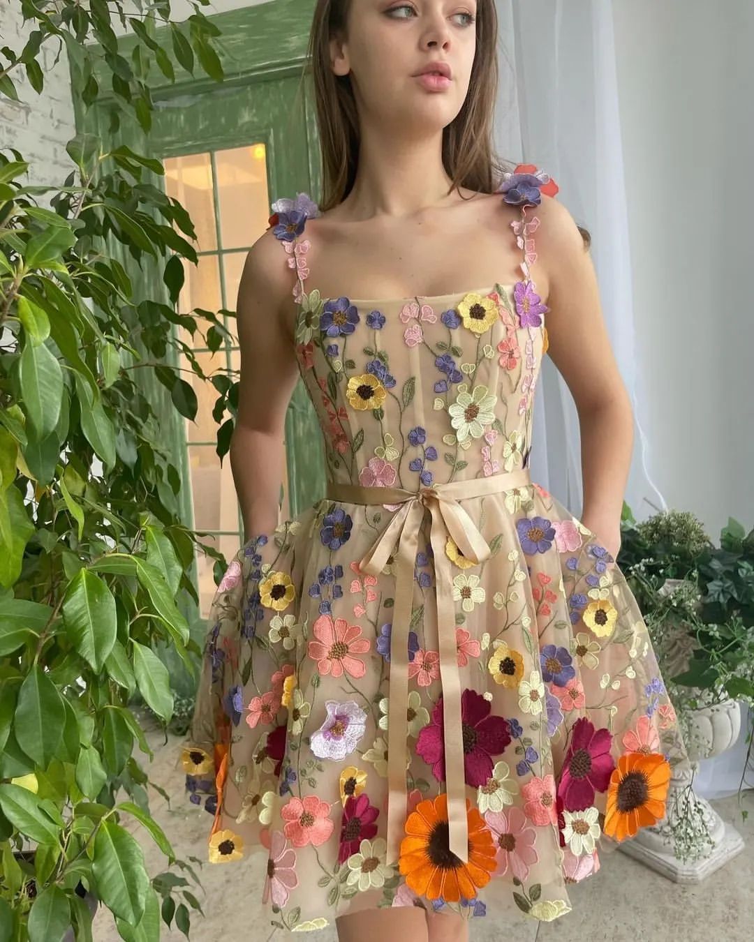 Women's mini sundresses with floral embroidery and bow waist
