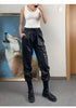 Women Leather Pants High Rise Black Cuff Trousers