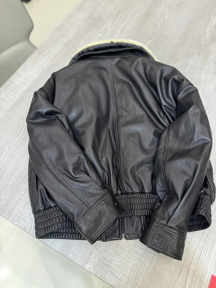 Women sheepskin leather bomber with wool collar
