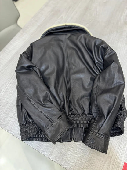 Women sheepskin leather bomber with wool collar