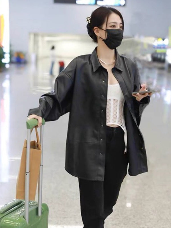 Genuine Leather Shirt Women Black Straight Fit Button Up Jacket