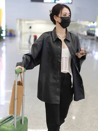 Genuine Leather Shirt Women Black Straight Fit Button Up Jacket