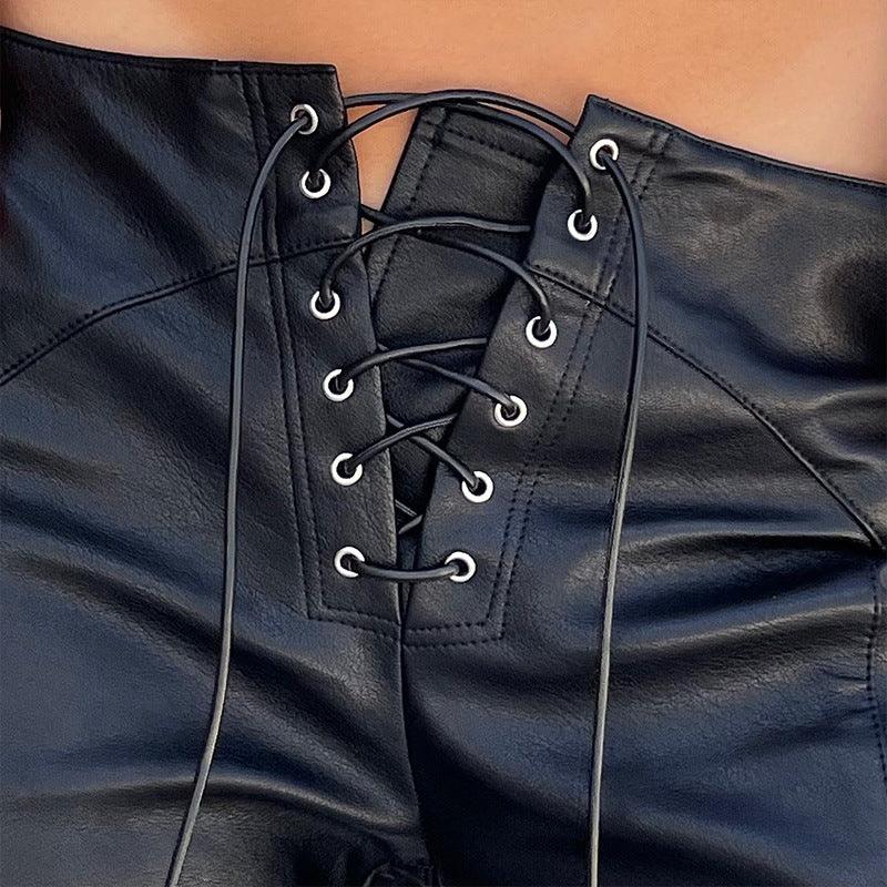 Low waist lace-up PU leather pants