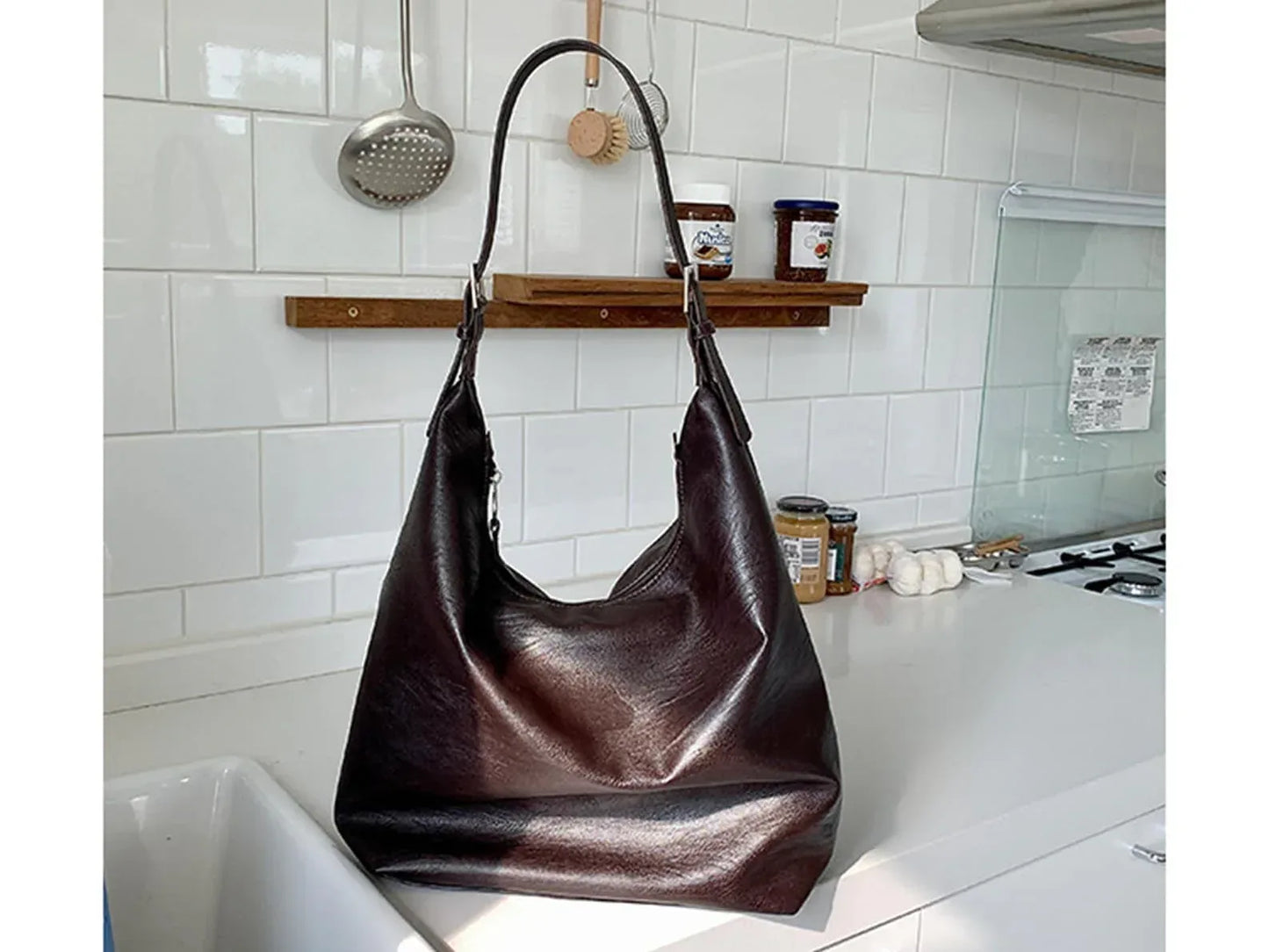 Leather Tote Shoulder Purse for Women Zipper Bag Cognac