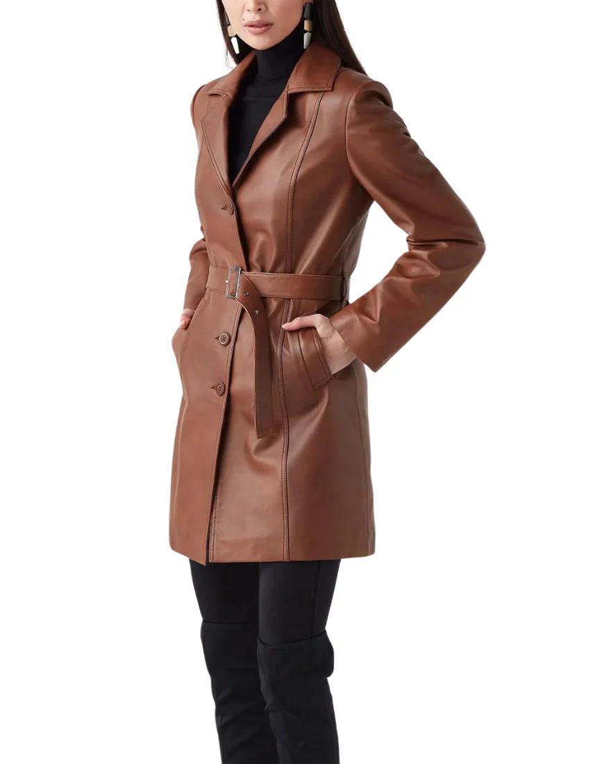 Brown Leather Trench Coat for Women Long Belted