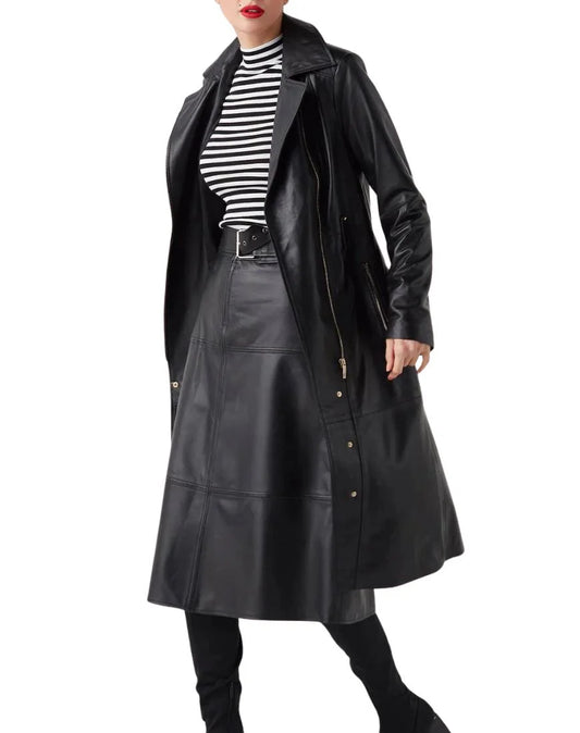 Black Real Leather Trench Coat for Women