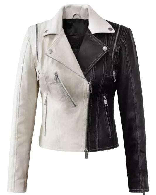Women’s Black and White Leather Biker Jacket With Zip Details